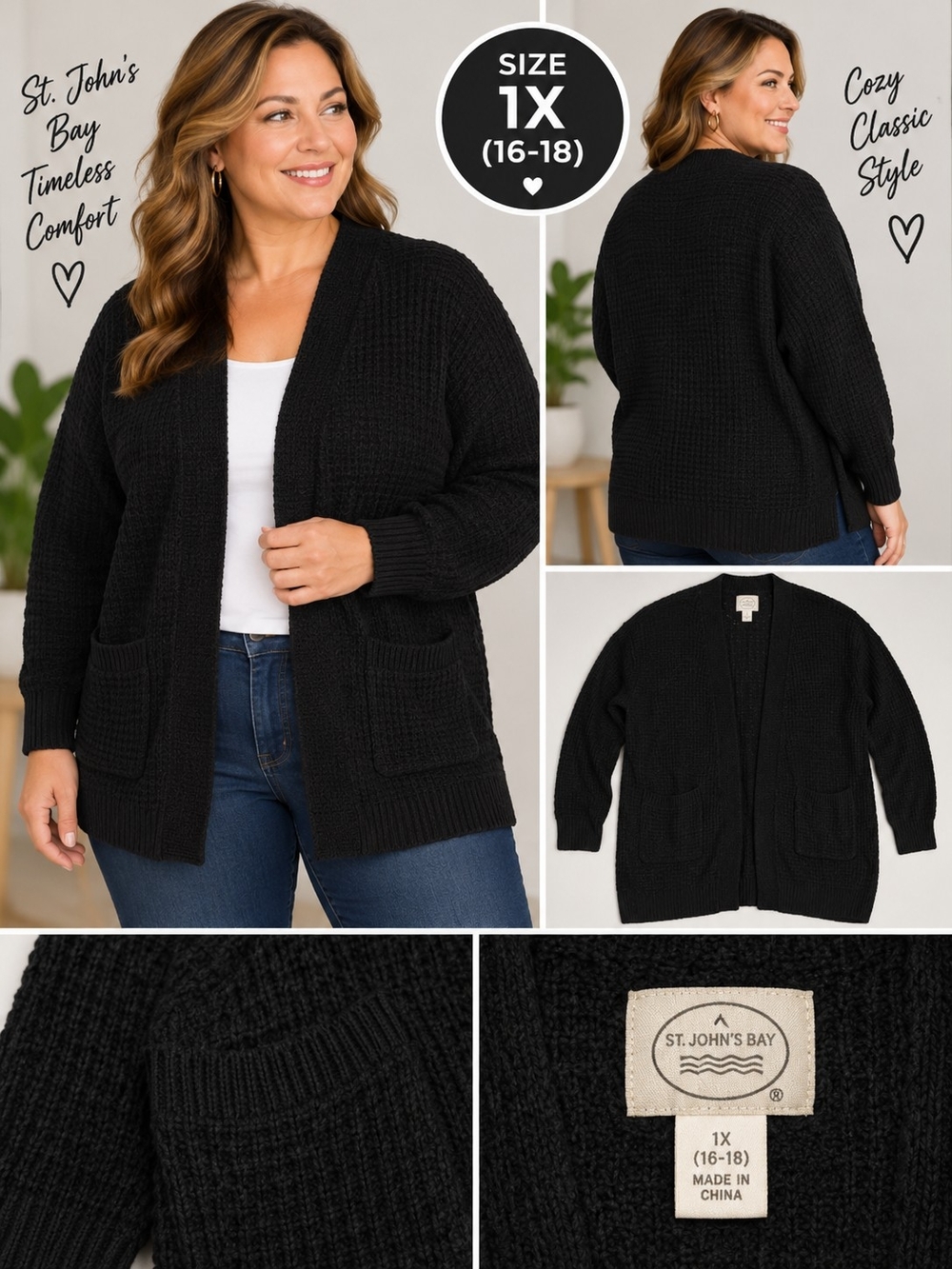 St johns bay Women's 1X black knitted cardigan sweater #31